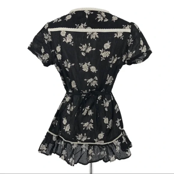 Honey Black White Floral Lace Trim Short Sleeve Blouse Size XL - Picture 4 of 7